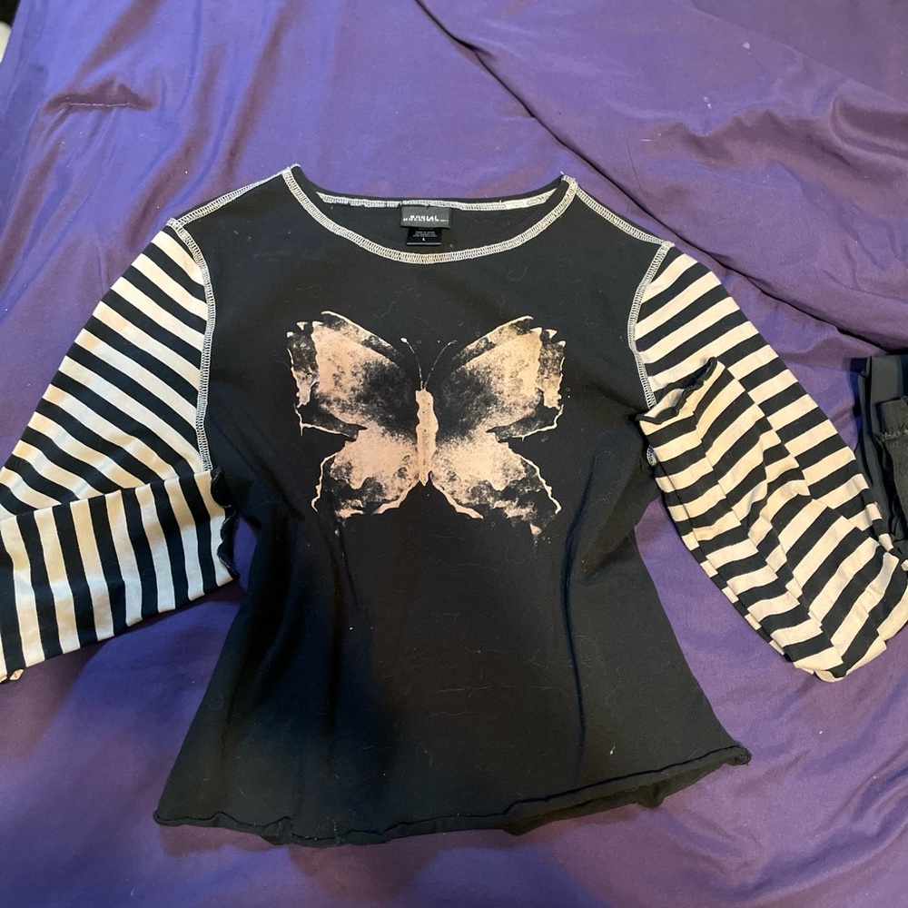 Black Butterfly Print Crop Top with Striped Sleeves